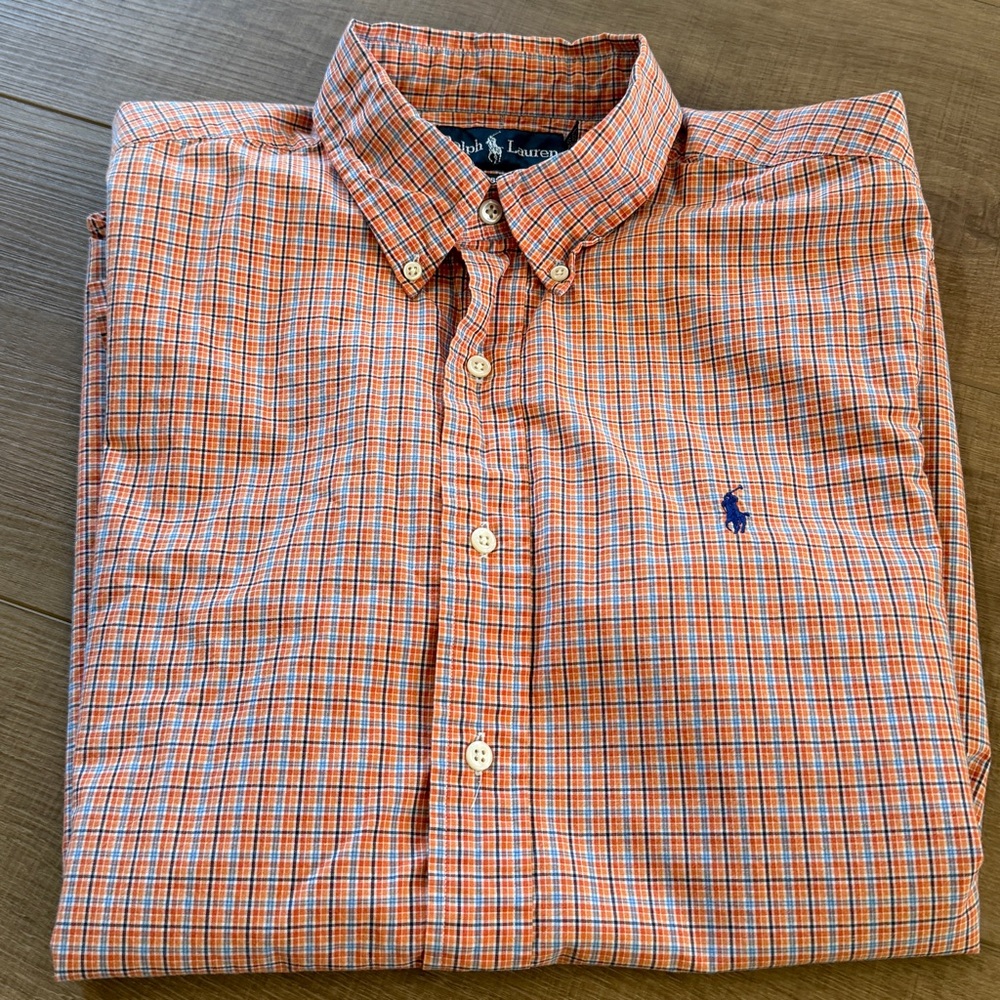 Ralph Lauren Shirt Men’s Large Orange Blue Check Pony Button Up 100% Cotton
